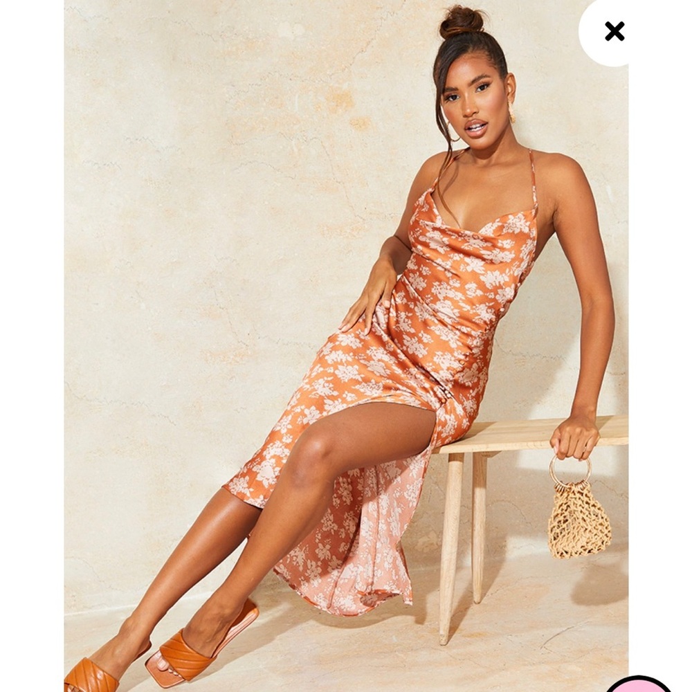 PrettyLittleThing Orange Floral Midi Dress